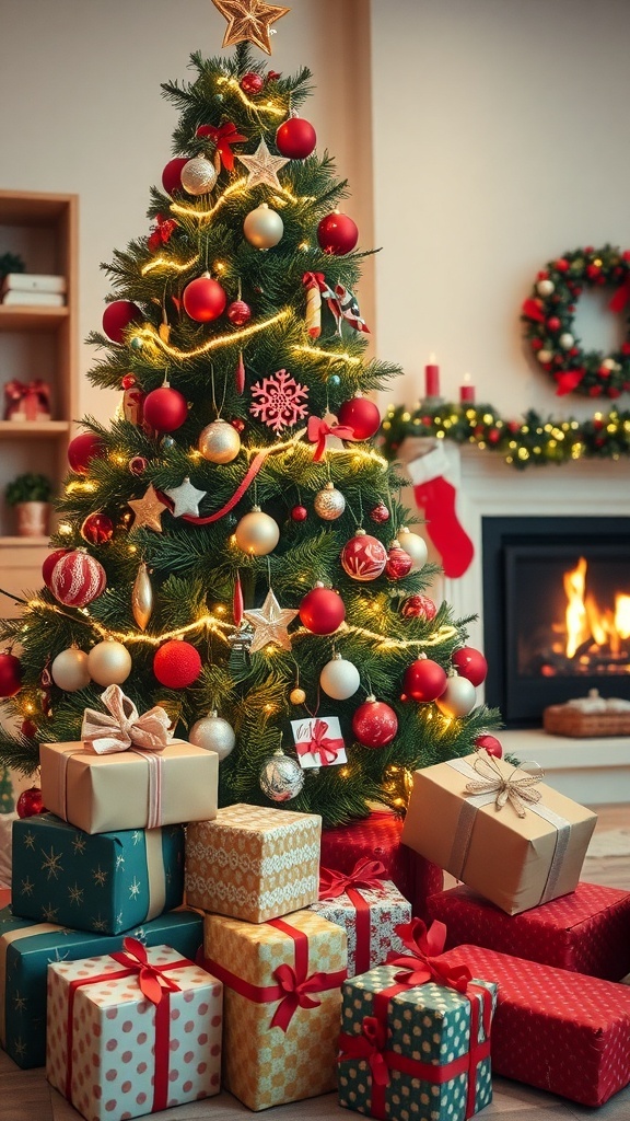A decorated Christmas tree with wrapped gifts underneath, creating a festive holiday atmosphere.